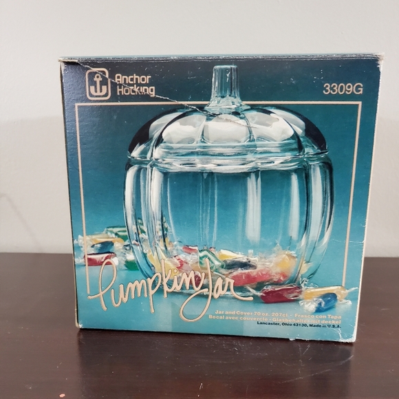 Anchor Hocking Vtg. Pumpkin Cookie Jar Clear Glass W/Lid & Box 3309G ~Pre-Owned - Picture 11 of 16